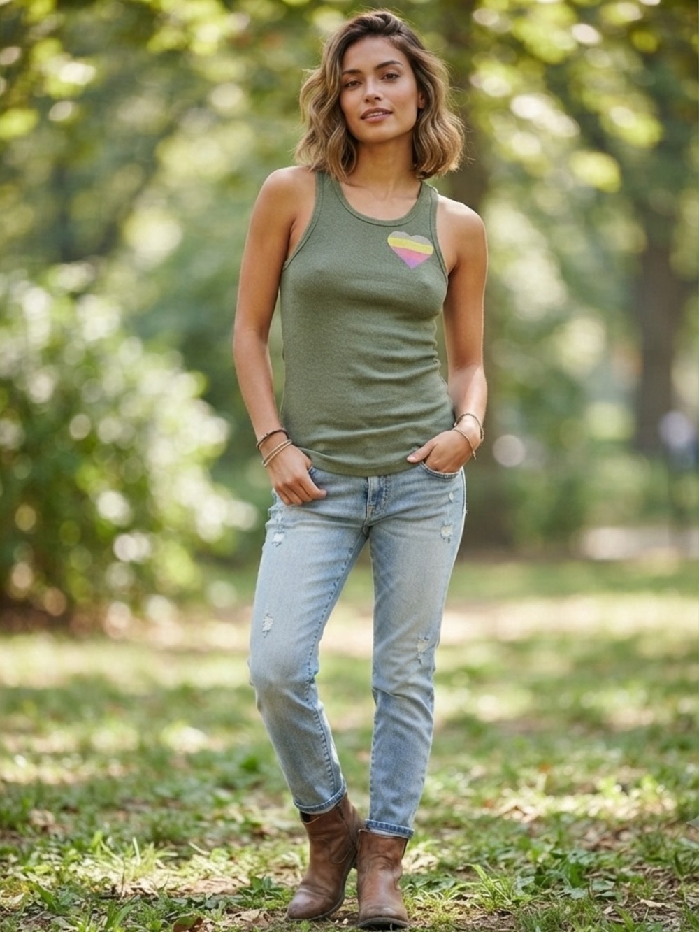 VINTAGE Gap Army Green Racer Back Tank with Rainbow Heart Detail